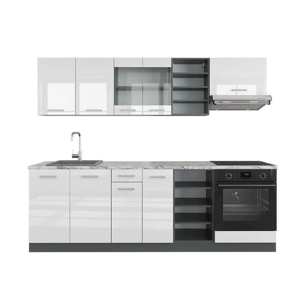 Vicco KUCHYŇSKÝ KOUT R-Line Bílý vysoký lesk/antracit 240 cm , PD Mramor