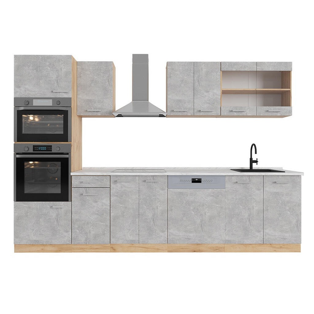Vicco KUCHYŇSKÝ KOUT R-Line Beton/zlatý dub 300 cm s vysokou skříní, PD Mramor