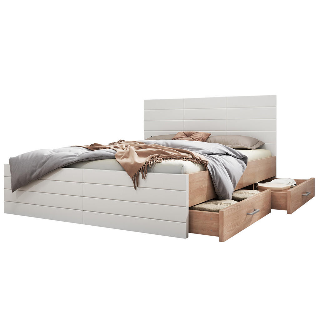 Redom POSTEL 160/200 cm s úložným prostorem, 2 zásuvkami a lamelovým roštem, Bílá/dub