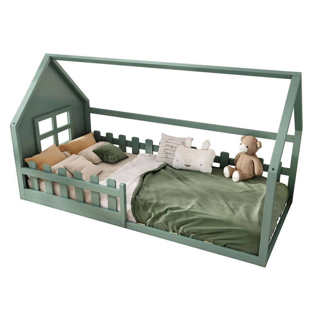 OKWISH DĚTSKÁ postel 90/200 cm zelená z borovice a MDF ve tvaru domu s roštem