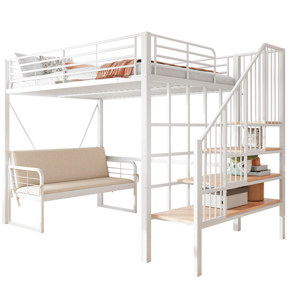 OKWISH PATROVÁ postel 140x200 cm bílá z kovu a MDF s odnímatelným polstrováním a úložným schodištěm