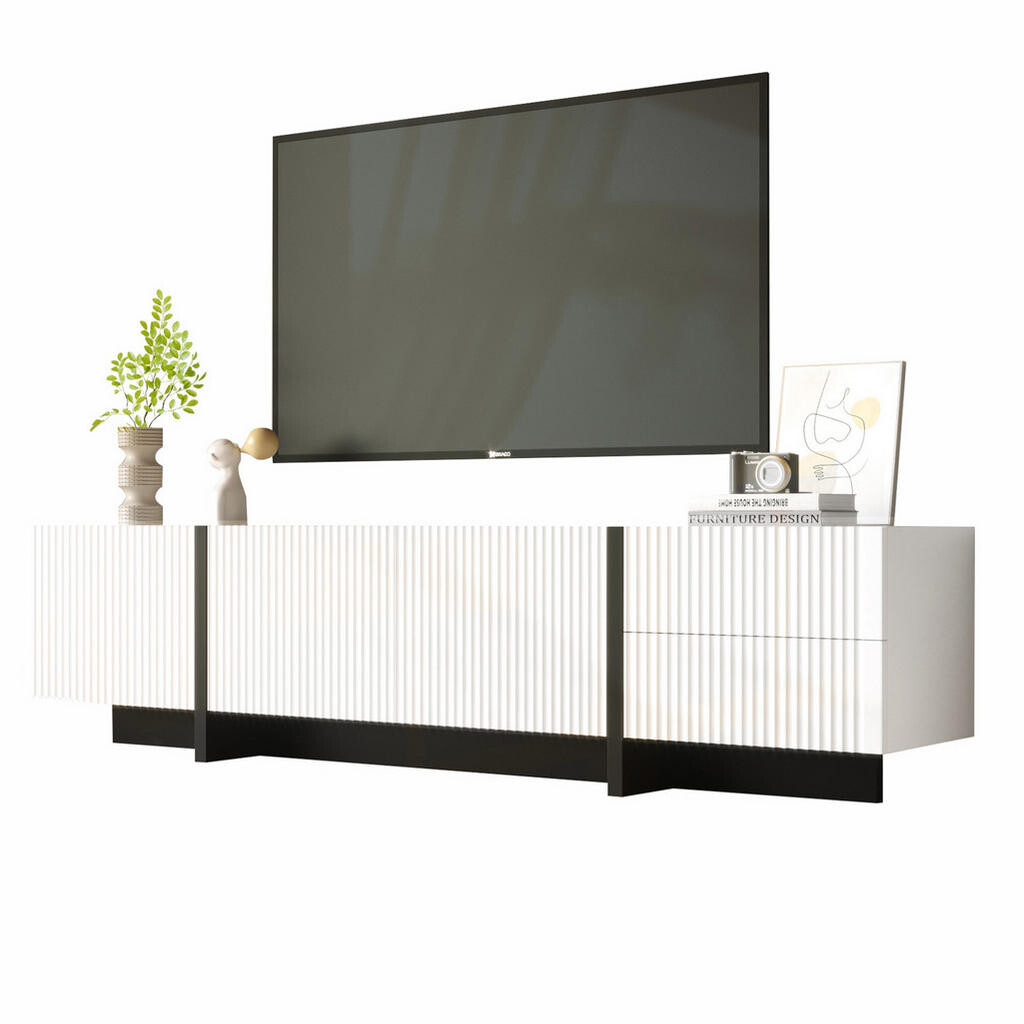 Redom TV stolek 190/35/45 cm s 3 dvířky, 2 zásuvkami a tichými panty, Bílá/Černá