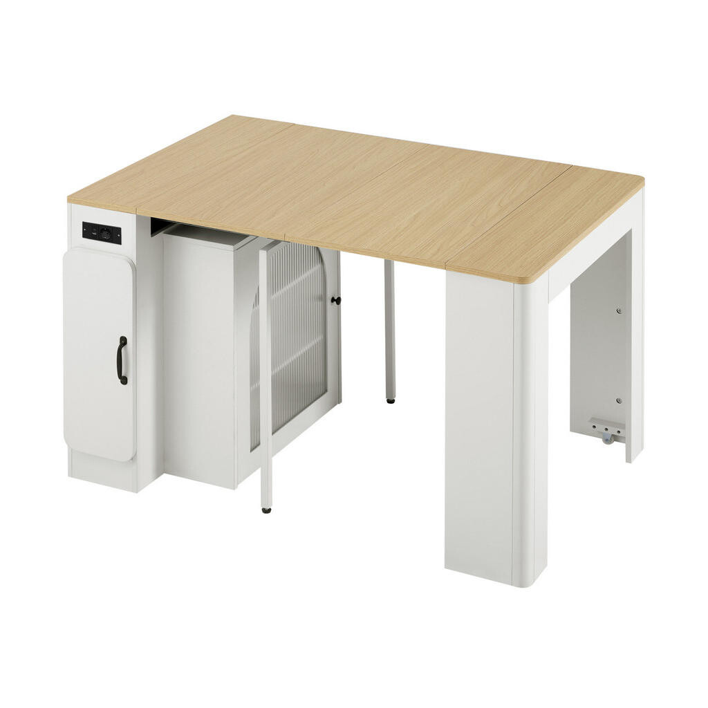 OKWISH KUCHYŇSKÝ ostrůvek 83/39,6~79,6~119,6~149,6/77 cm přírodní bílý z MDF, PB a skla s LED a USB