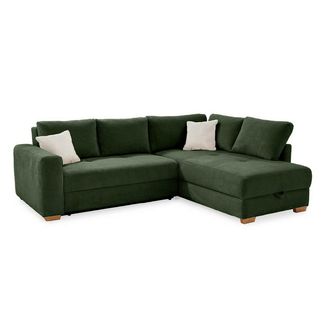 luma-home ROHOVÁ POHOVKA – PRO DLOUHODOBÉ SPÁNÍ: Boxspring, pružinová matrace, topper, úložný prostor, 257 × 206 × 85 cm (Š×H×V), zelený kord / 15213