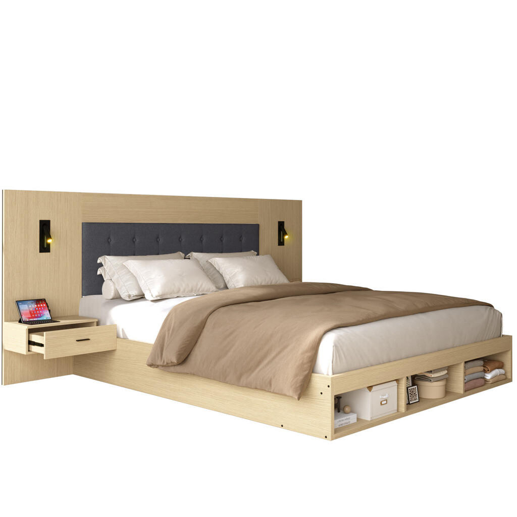 OKWISH MANŽELSKÁ postel 160/200 cm světle dubová z MDF s úložným prostorem USB a Type-C