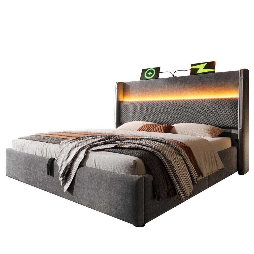 OKWISH POSTEL s matrací 140/200 cm šedá z lnu s LED osvětlením, úložným prostorem a USB/Type-C