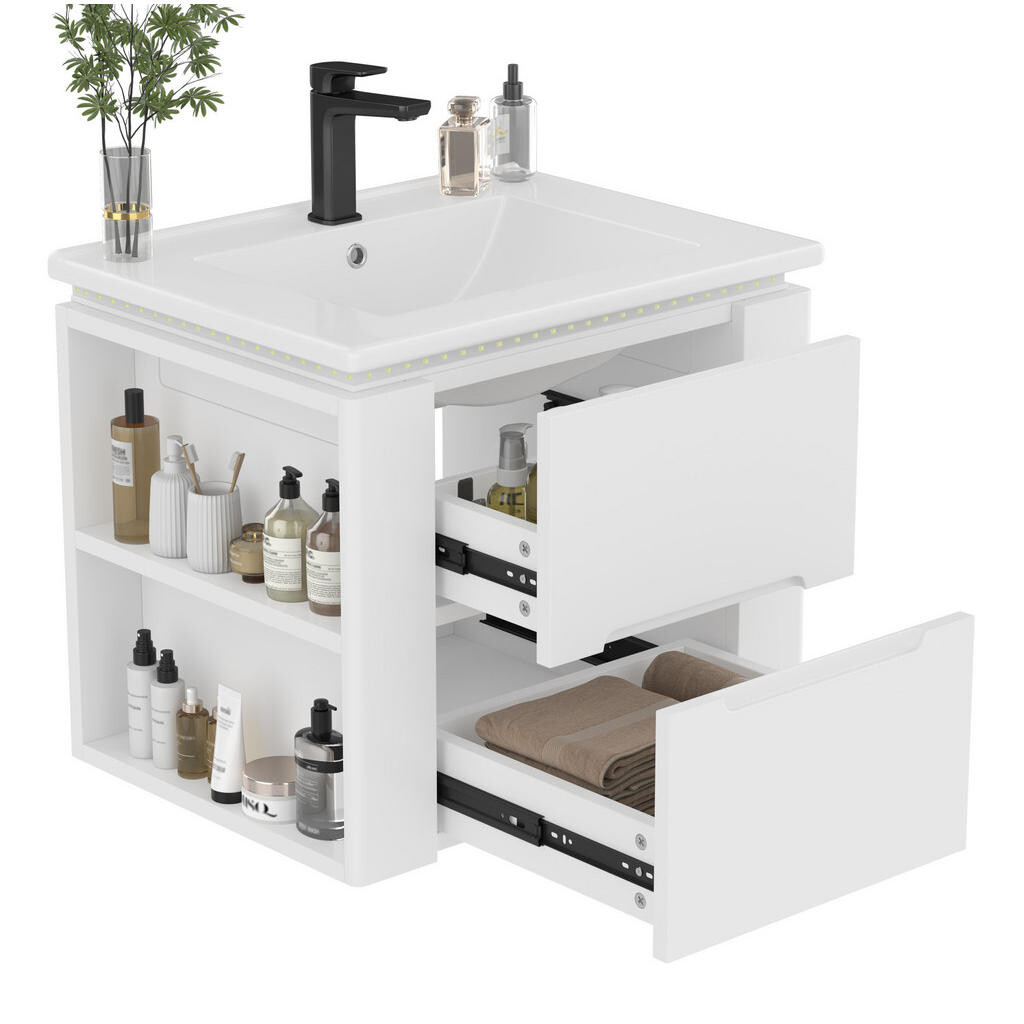 OKWISH KOUPELNOVÁ závěsná skříňka 60/46/48,5 cm bílá z MDF a keramiky s LED senzorem a umyvadlem