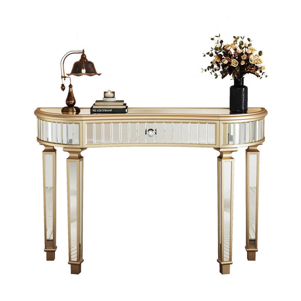 OKWISH KONZOLOVÝ stolek 120/38/78 cm z MDF a skla zlatý a stříbrný s šuplíkem