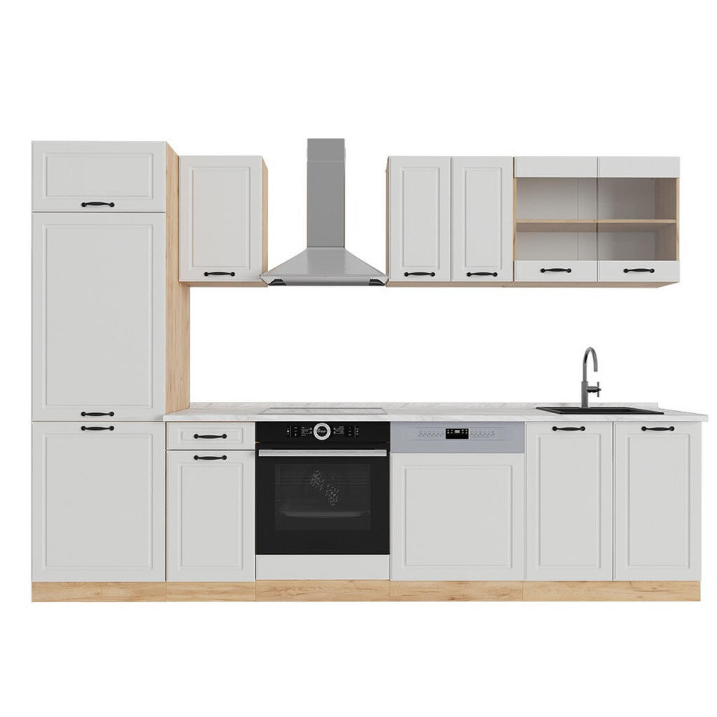 Vicco KUCHYŇSKÝ KOUT R-Line Bílý venkovský dům/zlatý dub 300 cm , PD Mramor