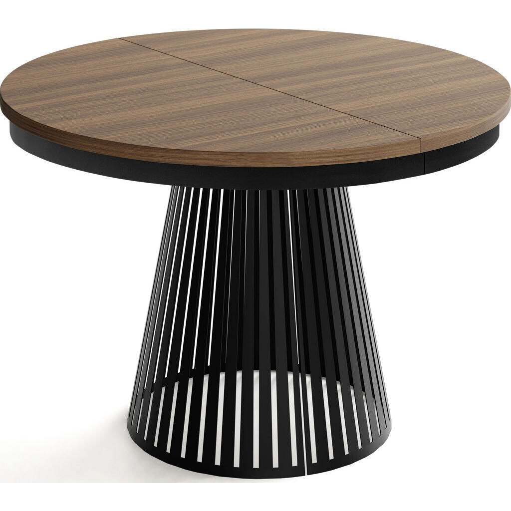 WFL GROUP JÍDELNÍ STŮL Naro Kulatý Rozkládací Industriální s Černou Lamelovou Podnoží, Tobacco Franklin Walnut 120-196/120/76 cm