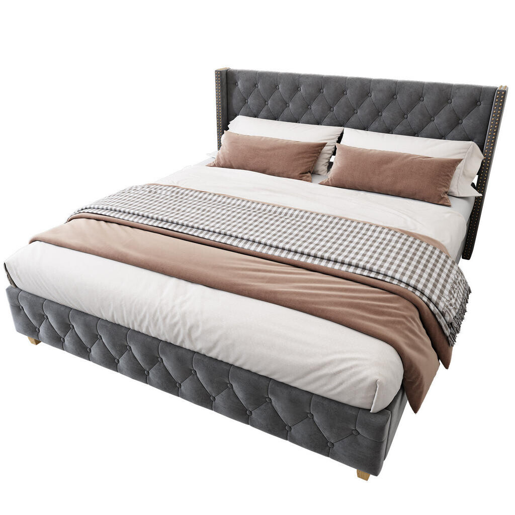 OKWISH ČALOUNĚNÁ postel 140/190 cm šedá z veluru s laťkovým roštem a knoflíkovým čelem