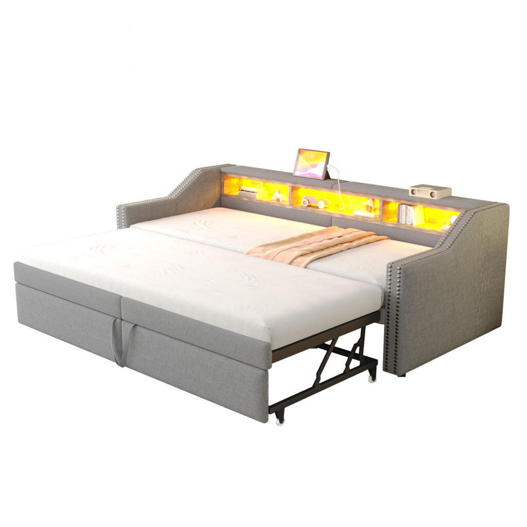 OKWISH ROZKLÁDACÍ čalouněná postel 90/180 x 200 cm světle šedá z lněné tkaniny s LED a USB