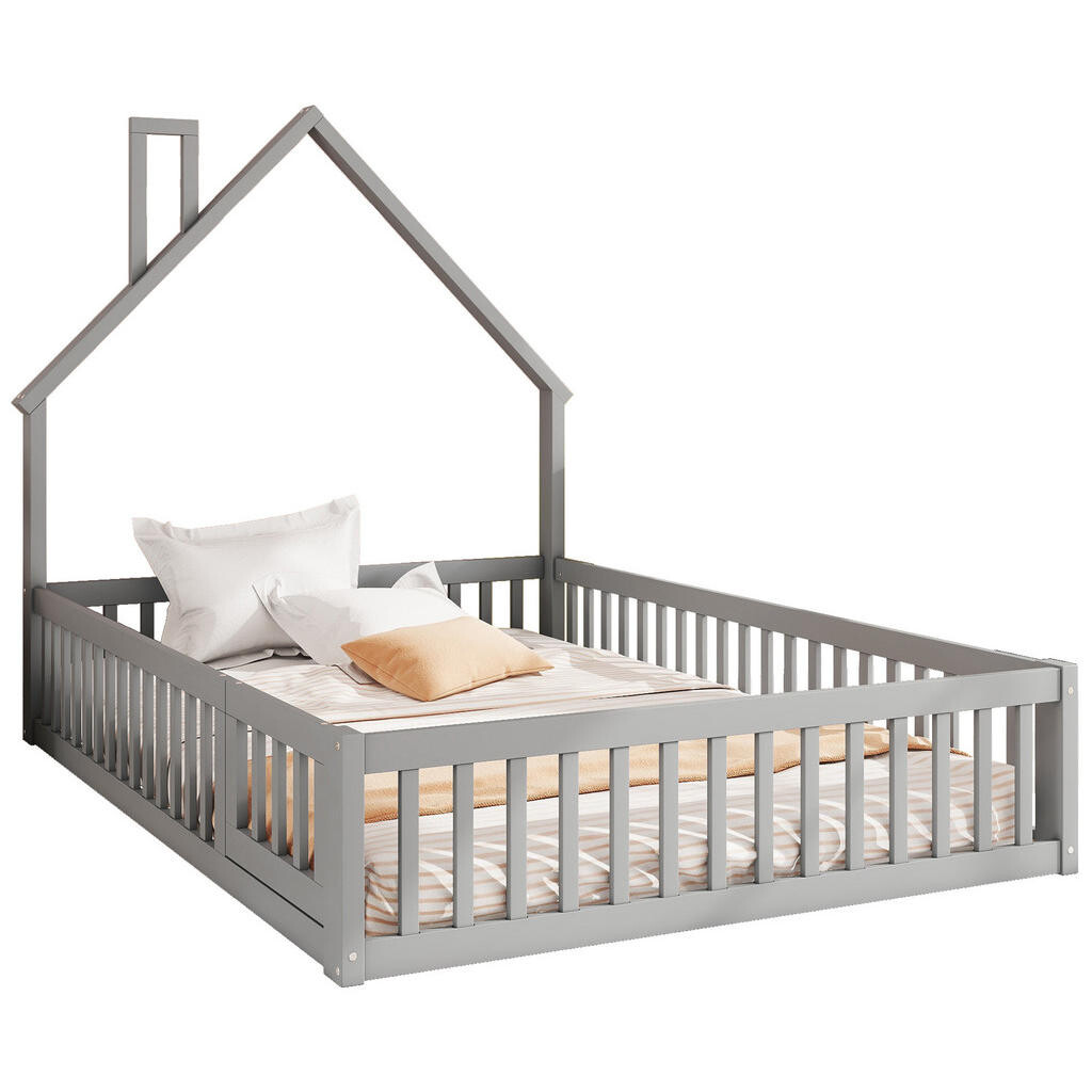 Redom POSTEL 140/200 cm s designem komínu a bezpečnostním zábradlím, borovicové dřevo a MDF, Šedá