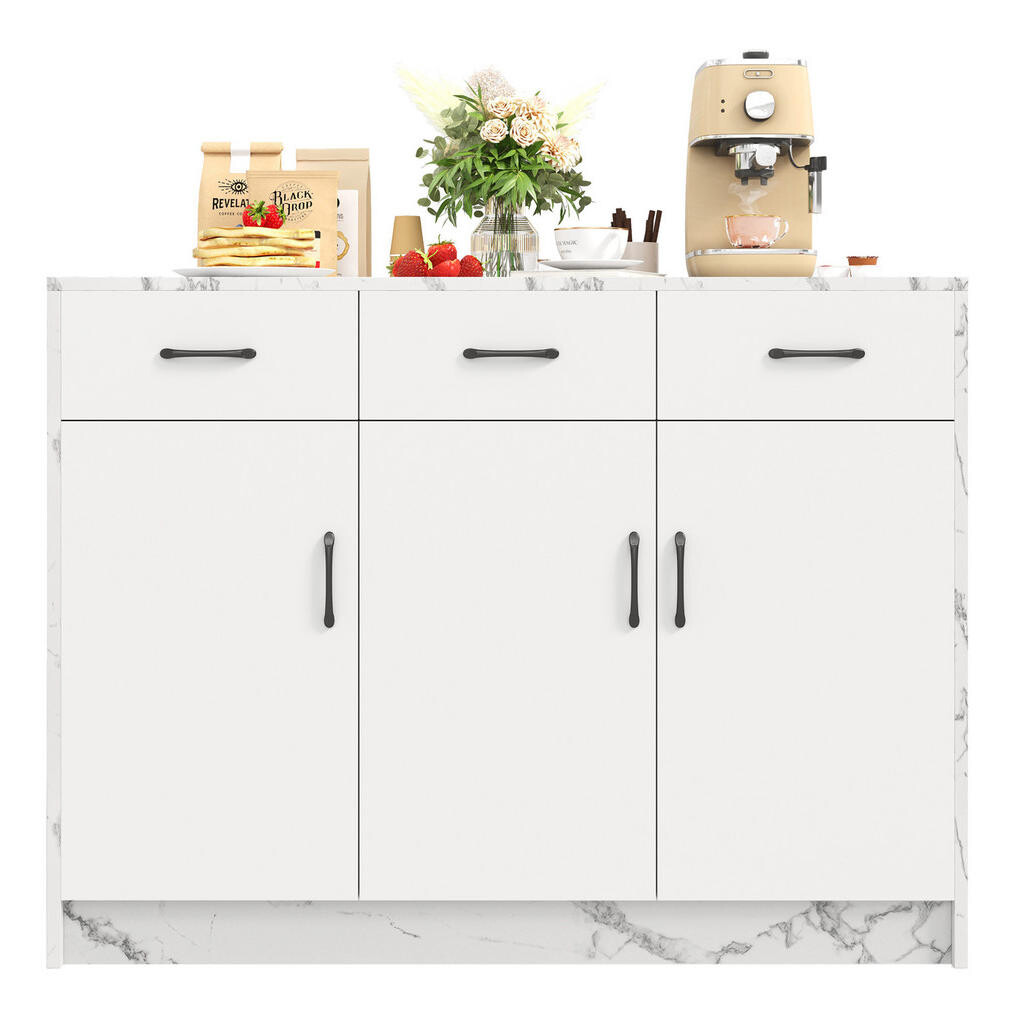 Redom KUCHYŇSKÝ ostrůvek 120/60/90,5 cm z MDF se 3 zásuvkami, 3 dvířky a barovým prostorem, Bílá/bílý mramor