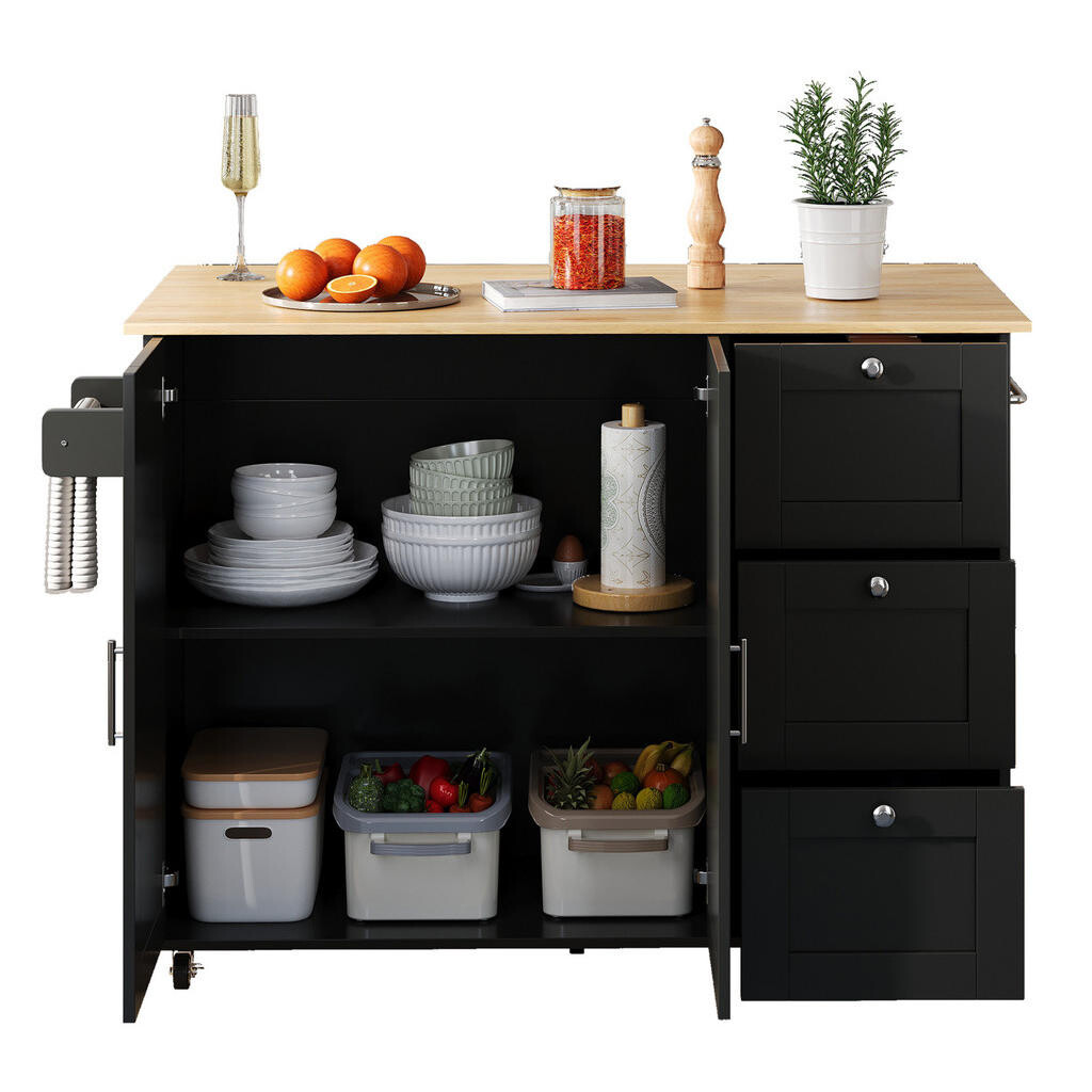 OKWISH KUCHYŇSKÝ ostrůvek 135/44(70)/90 cm černý a přírodní z MDF s výklopnou deskou a 3 zásuvkami