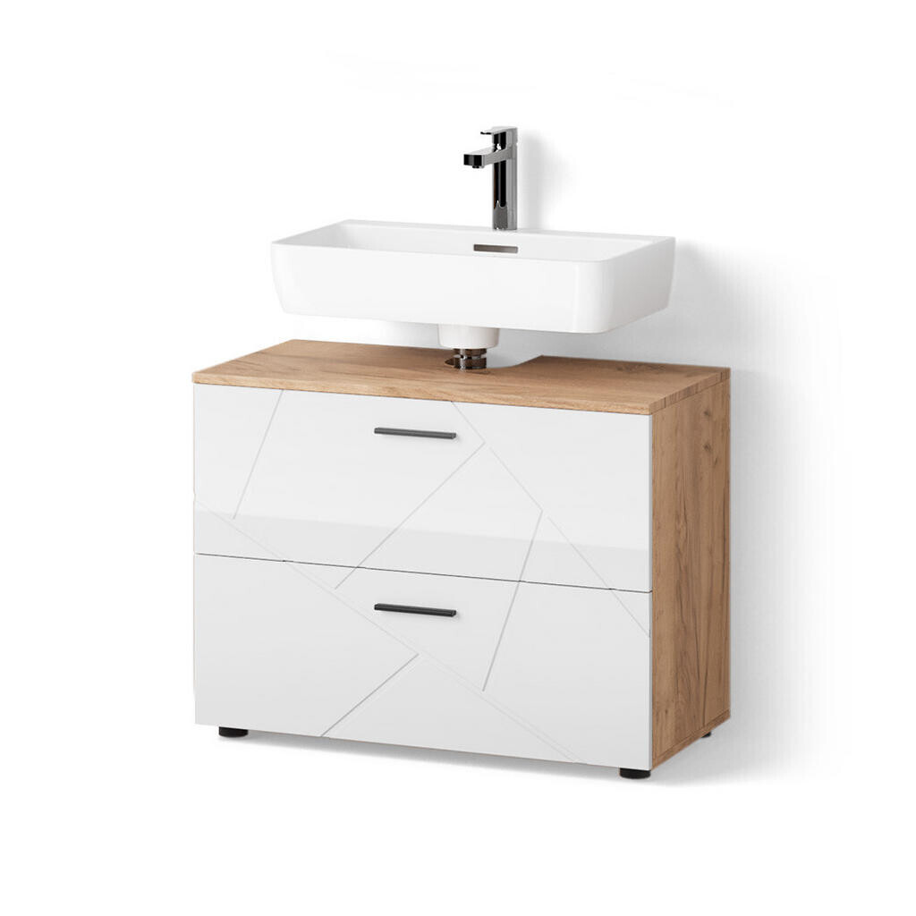 Livinity® ZÁKLADNÍ SKŘÍŇKA POD UMYVADLO Ronco Bílý vysoký lesk/zlatý dub power 80 x 58.6 cm