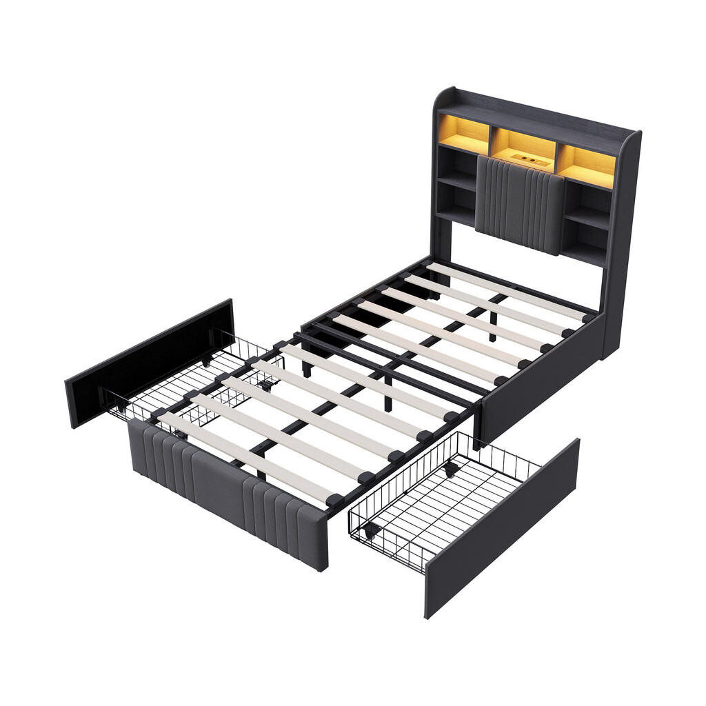 SHOPENTRA ČALOUNĚNÁ postel 90x200 šedá lněná látka, 2 zásuvky, LED, USB/USB-C