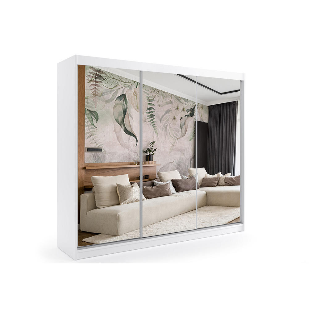 ALTDECOR ŠATNÍ SKŘÍŇ s zrcadlovými posuvnými dveřmi a hliníkovými lamelami – DEBI – 180 cm bílá