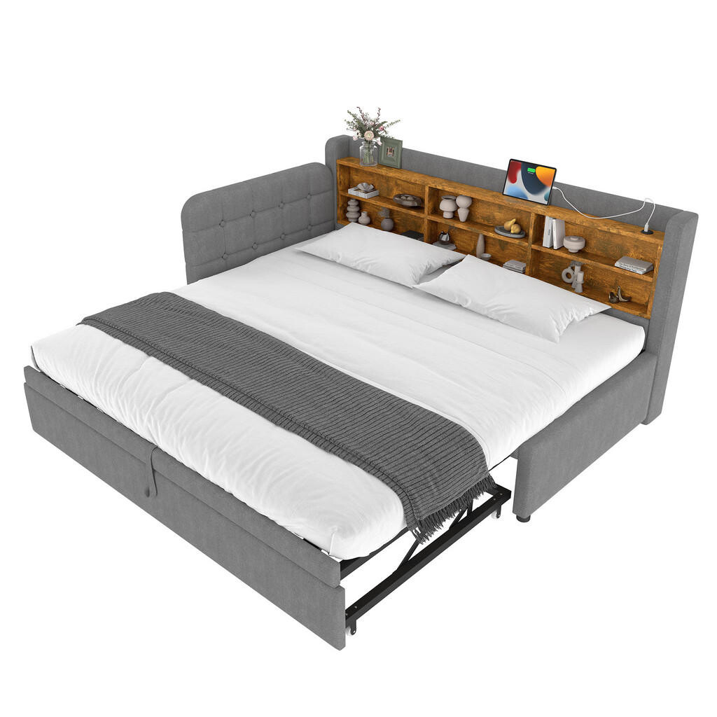 WISHDOR ROZKLÁDACÍ POHOVKA 90 × 200 cm / 90 × 189 cm v šedém lnu s USB, USB-C a odkládacími policemi