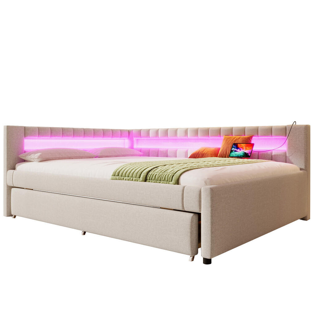WISHDOR POSTEL 140/200 cm & 90/190 cm v béžové lněné látce s výsuvným lůžkem, LED osvětlením a USB