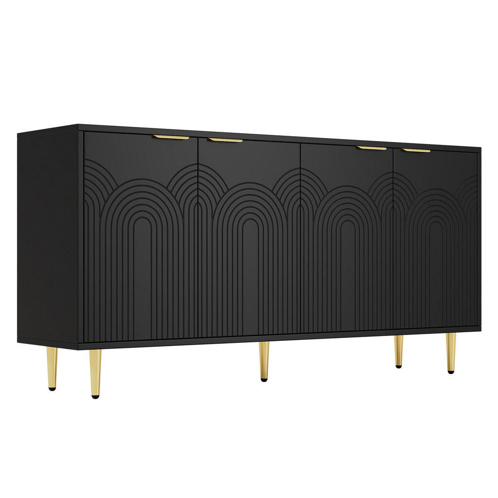 Urban Meuble SIDEBOARD černý a zlaté detaily se 4 dvířky a 3D drážkovaným designem