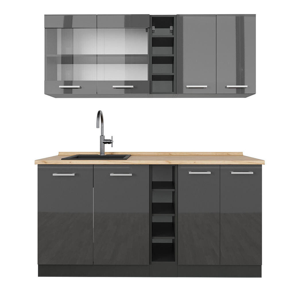 Vicco JEDNOTKOVÁ KUCHYNĚ R-Line Antracit vysoký lesk/antracit 160 cm , PD Dub