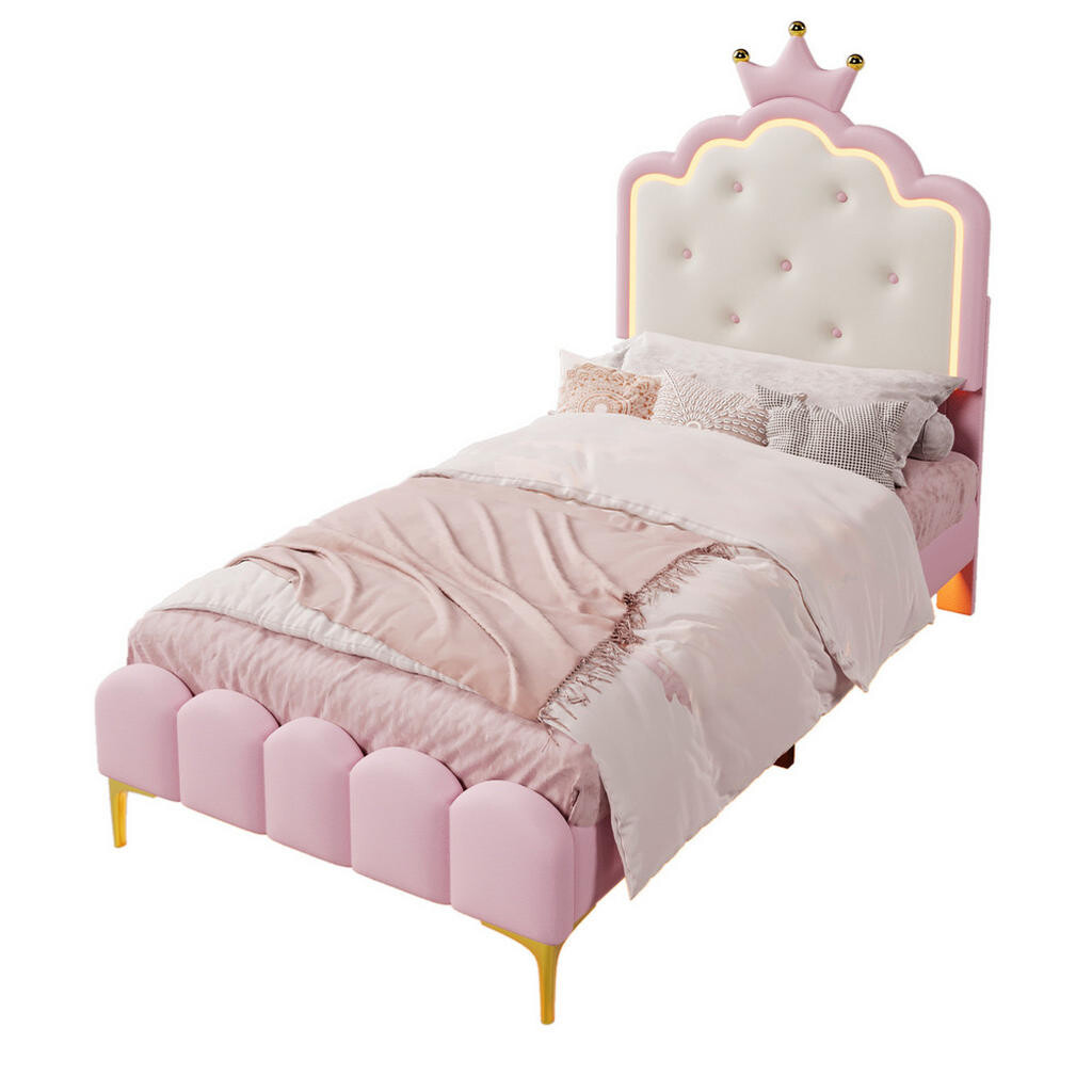 OKWISH ČALOUNĚNÁ postel 90/200 cm růžová z PU s LED osvětlením a lamelovým roštem