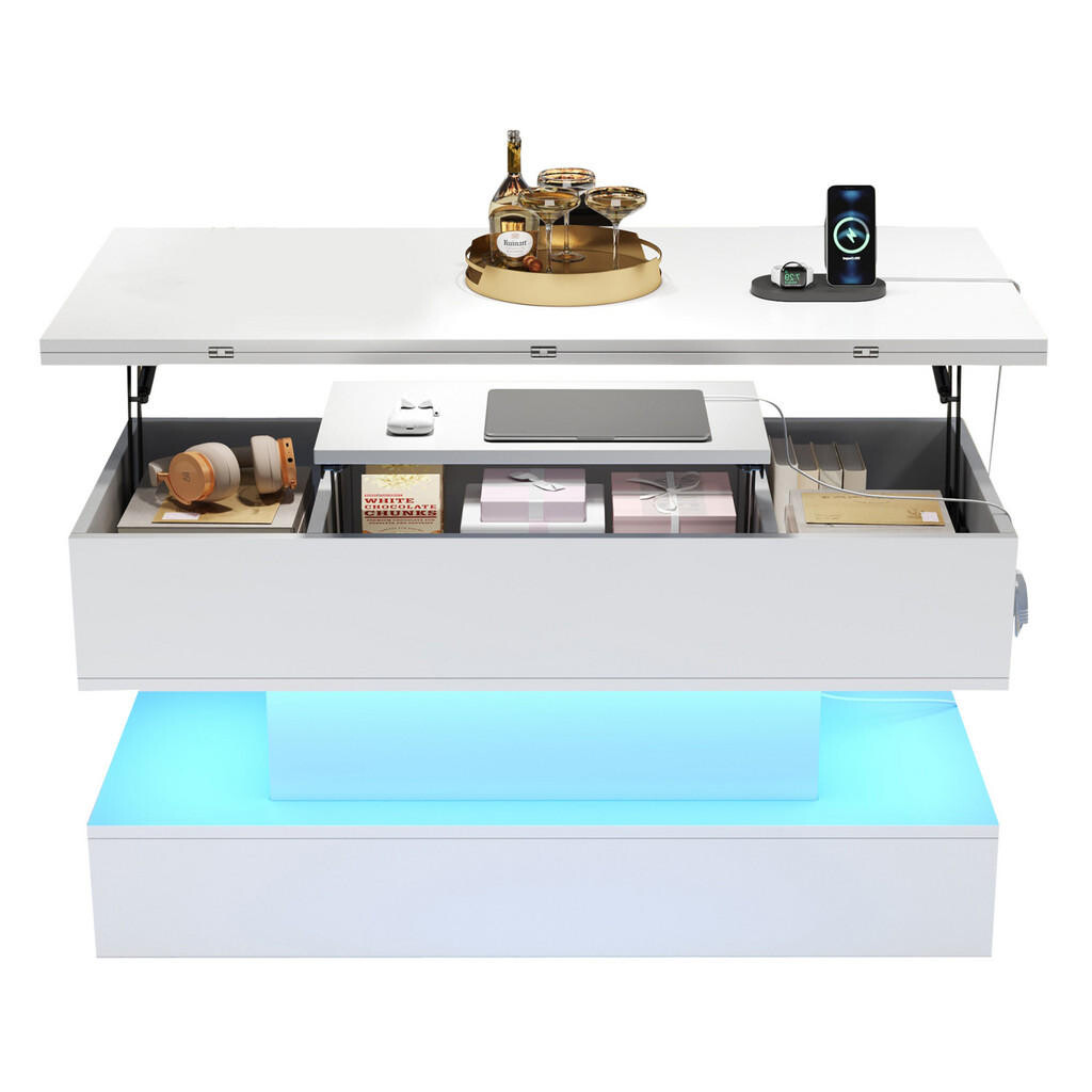 OKWISH KONFERENČNÍ stolek 100/50/51,5 cm bílý z dřevotřísky se zdvihací deskou a LED