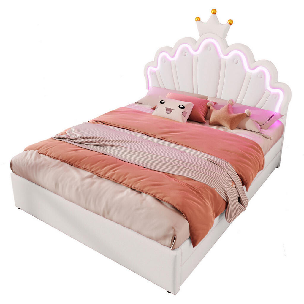 Redom ČALOUNĚNÁ postel 140/200 cm z PU s nastavitelným čelem, LED osvětlením a 2 zásuvkami, Bílá