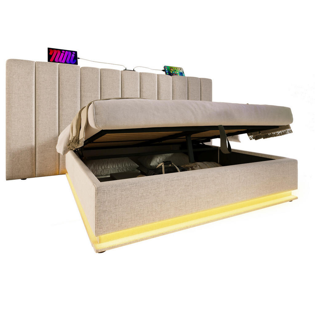 Redom ČALOUNĚNÁ postel 160/200 cm s LED osvětlením, USB a USB-C nabíjením, hydraulickým úložným prostorem, Béžová