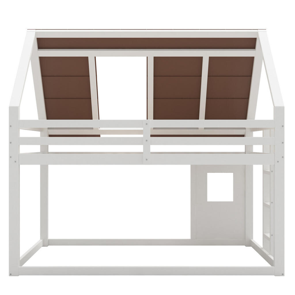 Redom PALANDA 140/200 cm s domečkovým designem, střechou, žebříkem a zábradlím, stabilní konstrukce, Bílá/Hnědá