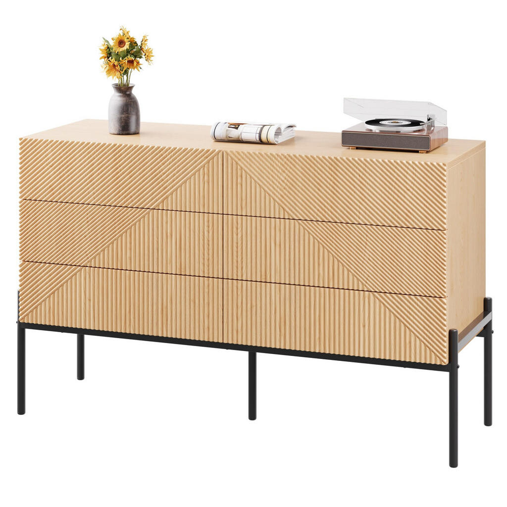 Redom KOMODA 115,5/38/75 cm se 6 zásuvkami, 3D dekorem a kovovou podnoží z MDF, Přírodní