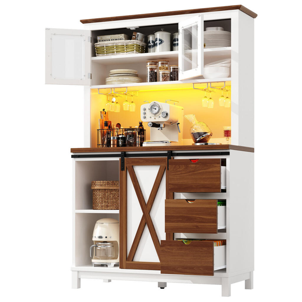 OKWISH VYSOKÁ kuchyňská skříň 104/40/180 cm bílá z MDF, kovu a skla s LED osvětlením a posuvnými dveřmi