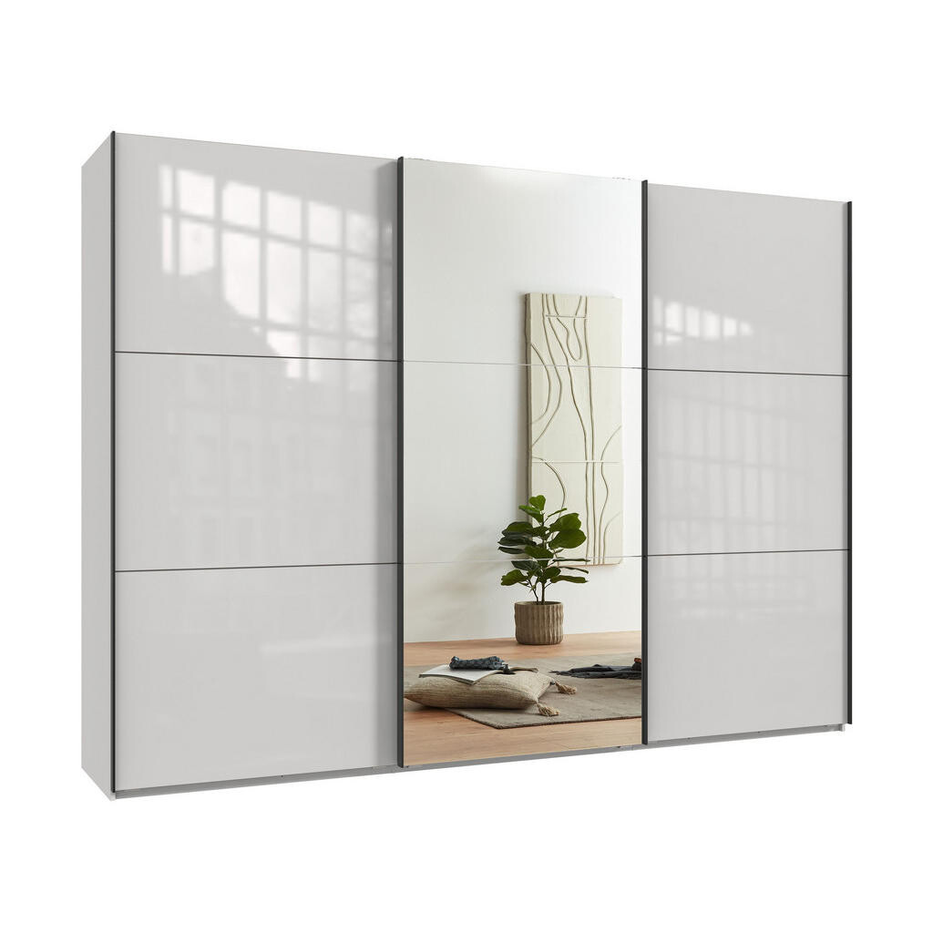 luma-home SKŘÍŇ S POSUVNÝMI DVEŘMI, 3dveřová, 300 × 216 × 65 cm (Š×V×H), bílá barva se skleněnými čely, jedny zrcadlové dveře / 22039