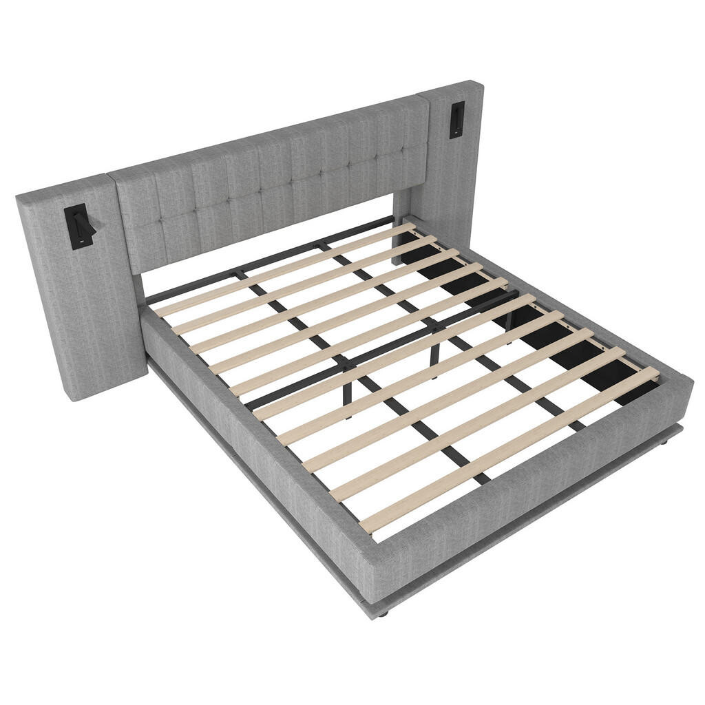 WISHDOR ČALOUNĚNÁ POSTEL 180/200 cm šedá len s LED osvětlením, bodovým světlem a USB portem