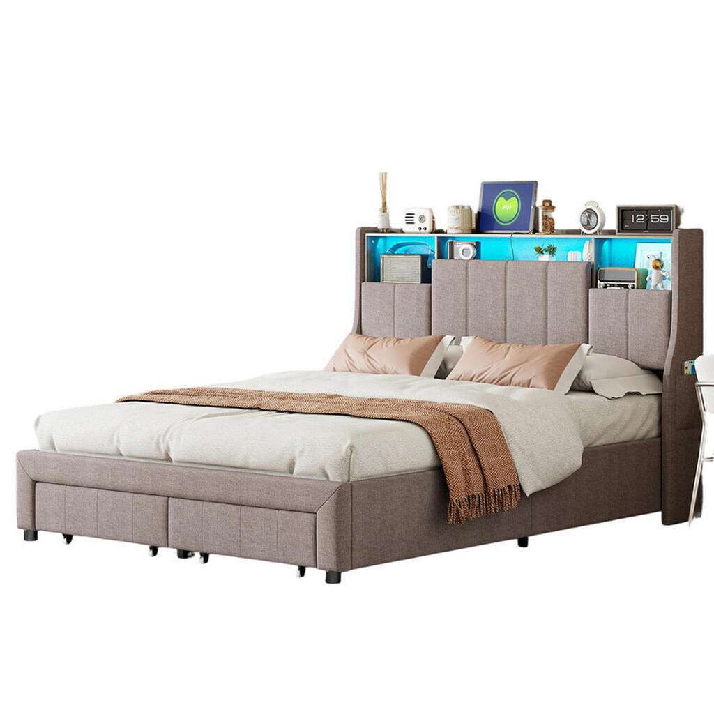 SHOPENTRA ČALOUNĚNÁ postel 160x200 cm šedá lněná LED USB 2 zásuvky
