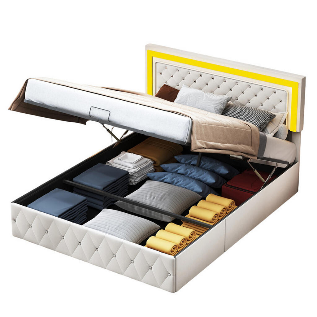 SHOPENTRA ČALOUNĚNÁ postel 140x200 béžová sametová úložná LED