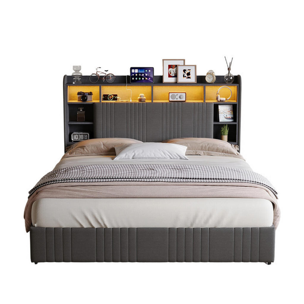 SHOPENTRA ČALOUNĚNÁ postel 140/200 cm šedá, lněné zásuvky, robustní moderní