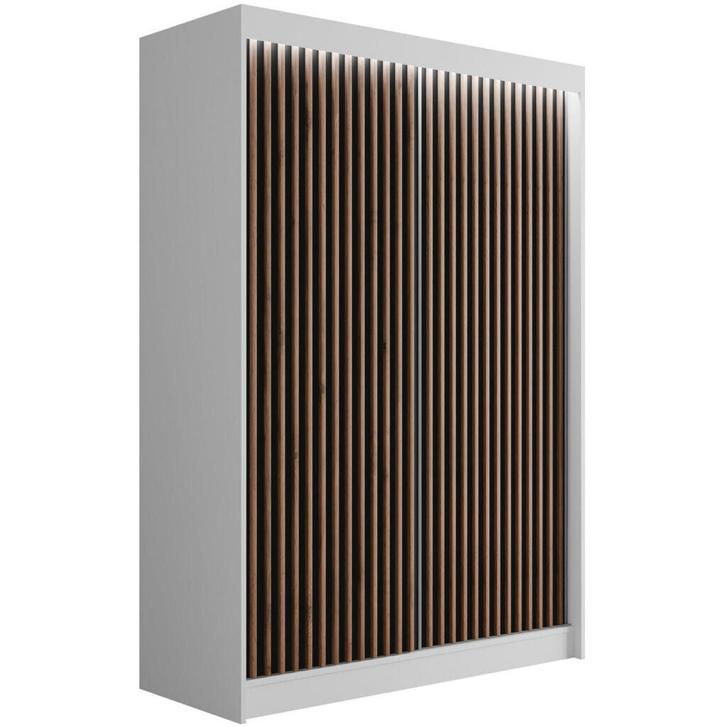ALTDECOR ŠATNÍ SKŘÍŇ s LED osvětlením, lamelovými posuvnými dveřmi VILANv2 – 150 cm bílá + lamely dub wotan
