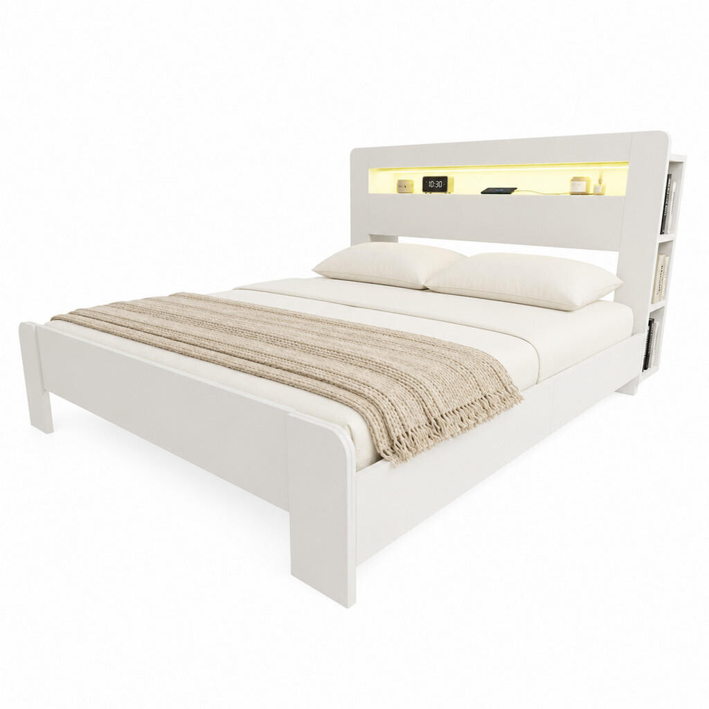 FLIEKS POSTEL 180x200 Dřevo Čelo Úložný Prostor LED Bílá