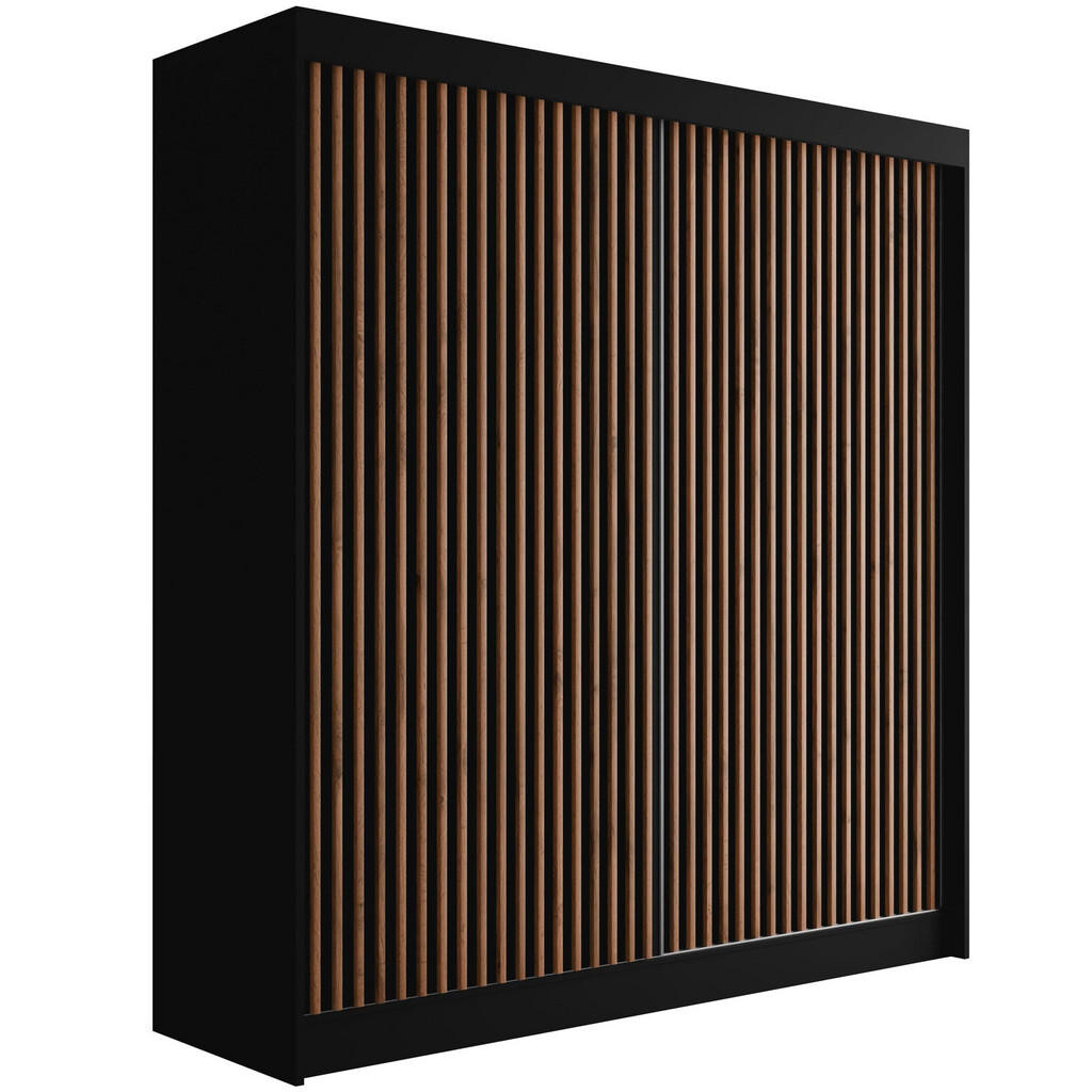 ALTDECOR ŠATNÍ SKŘÍŇ s lamelovými posuvnými dveřmi VILANv2 – 200 cm černá + lamela dub wotan