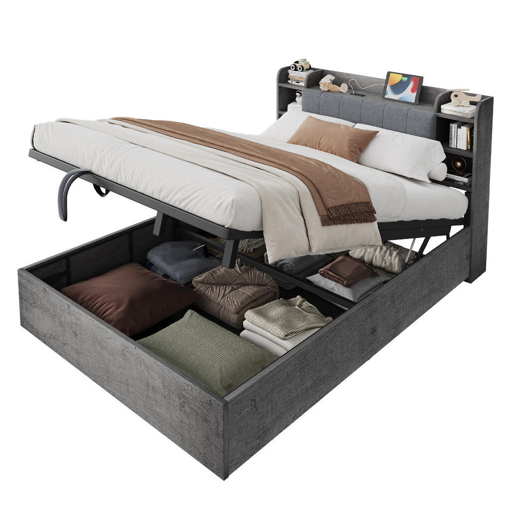 OKWISH POSTEL 180/200 cm šedá z MDF s hydraulickým úložným prostorem a USB porty