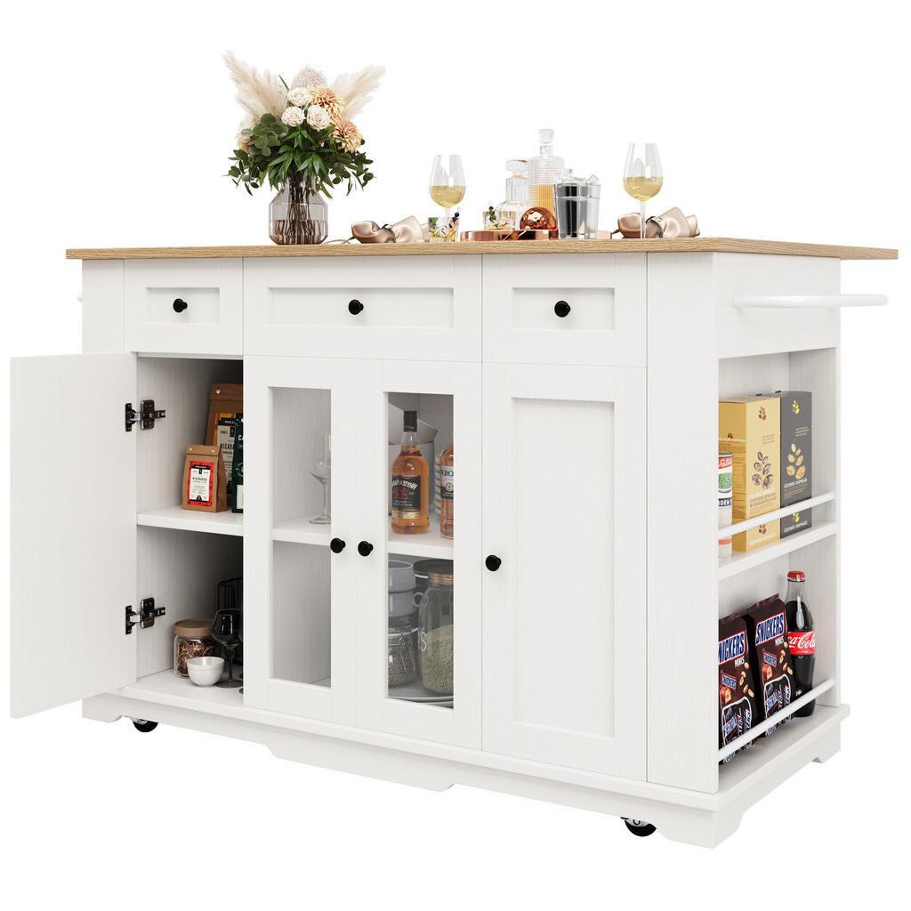 Redom KUCHYŇSKÝ ostrůvek 151,5/85/91,7 cm s výklopnou deskou, nastavitelnou příčkou, úložným prostorem a tvrzeným sklem, Bílá a přírodní