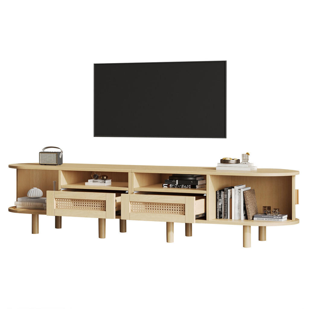 Redom TV stolek 170/40/40 cm se 2 zásuvkami, 2 posuvnými dvířky a ratanovým dekorem, světlý dub