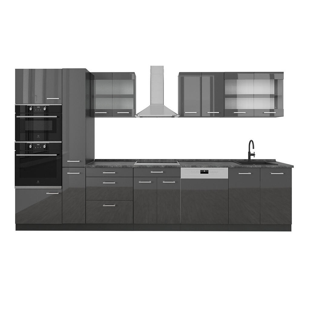 Vicco KOMPLETNÍ KUCHYNĚ R-Line Antracit vysoký lesk/antracit 350 cm , PD Antracit