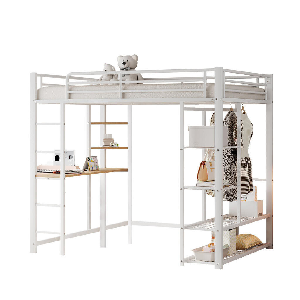 OKWISH VYSOKÁ postel 140/200 cm bílá s psacím stolem a úložným prostorem z kovu a MDF