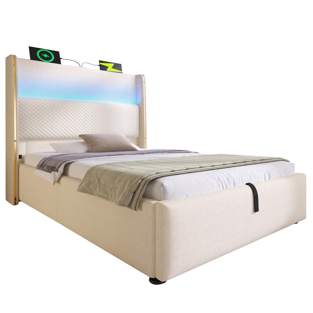 OKWISH ČALOUNĚNÁ postel 90/200 cm béžová z lnu s LED osvětlením, USB/Type-C a úložným prostorem