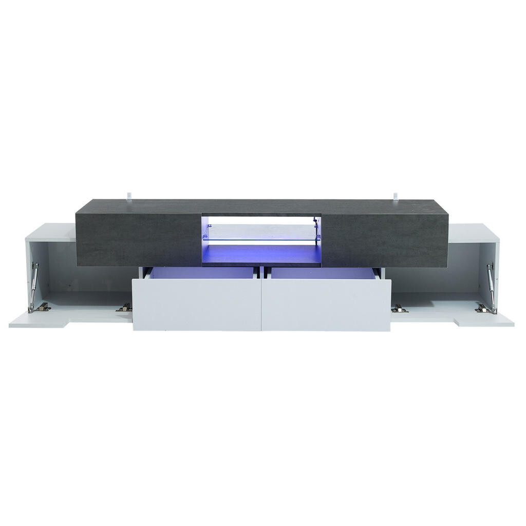 Redom TV stolek 180/40/45 cm s RGB LED osvětlením, skleněnou policí a úložným prostorem, Bílá/Šedá