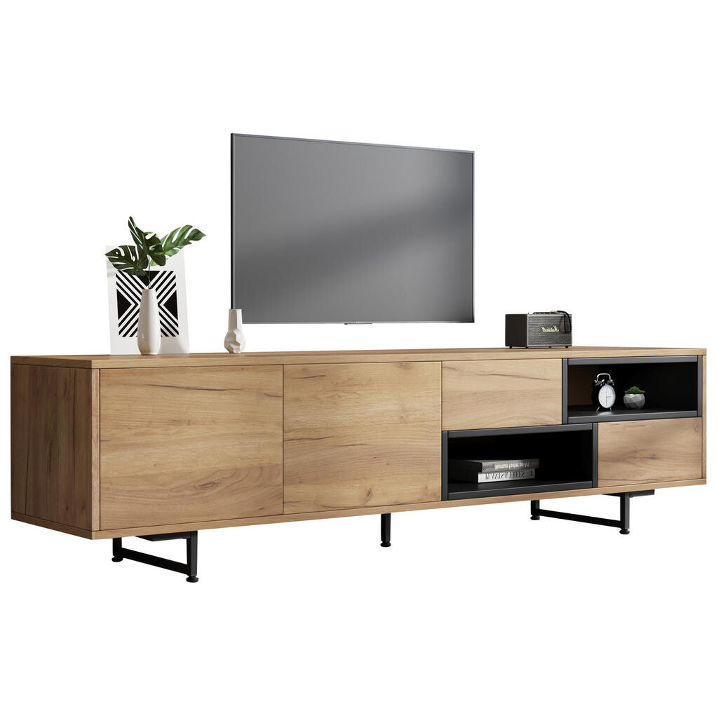 Redom TV stolek 173/38/48 cm s otevřenými policemi, dvířky a kabelovým vedením, Dřevěná