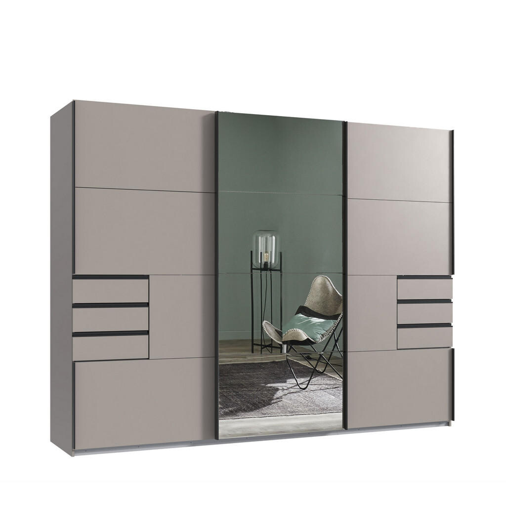 luma-home SKŘÍŇ S POSUVNÝMI DVEŘMI, 3dveřová, šířka 270 cm, výška 208 cm, hloubka 64 cm, pískově šedá, s jedním zrcadlovým křídlem, se zásuvkami / 226